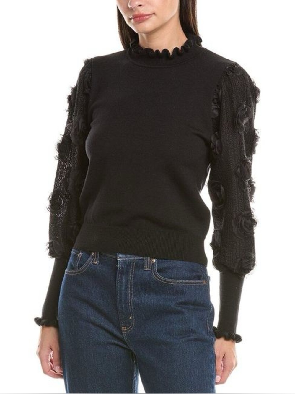 #996 GRACIA Black Rose Appliqué Sleeve Ruffled Mock Neck Sweater